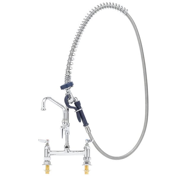 A silver T&amp;S deck mount pet grooming faucet with a hose attached.