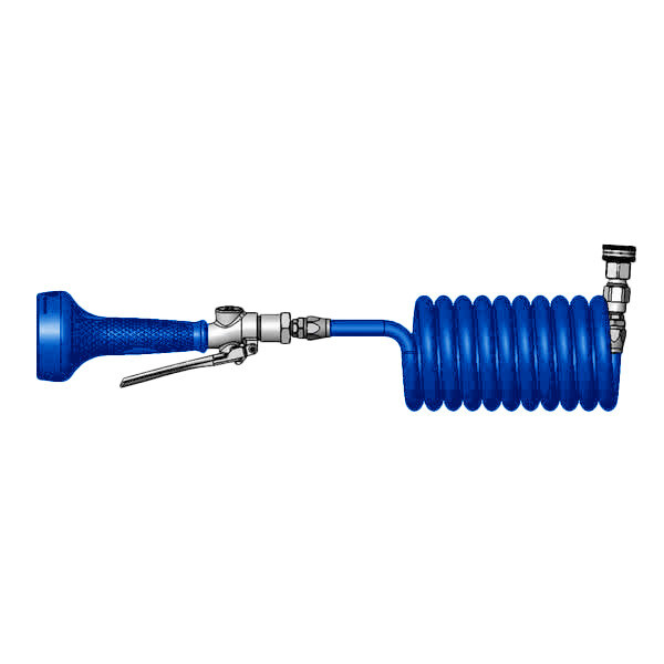 A blue T&S coiled hose with metal nozzle and garden hose connection.