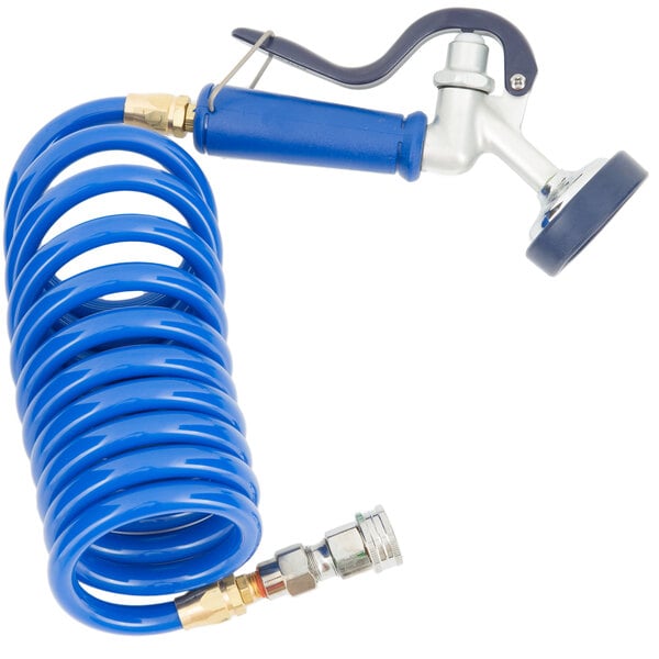 A blue coiled hose with a handle and garden hose adapter.