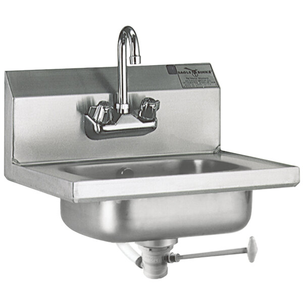 A stainless steel Eagle Group hand sink with a gooseneck faucet and polymer lever drain.