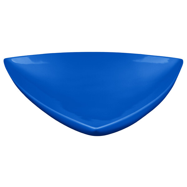 A cobalt blue triangular Tablecraft display bowl.
