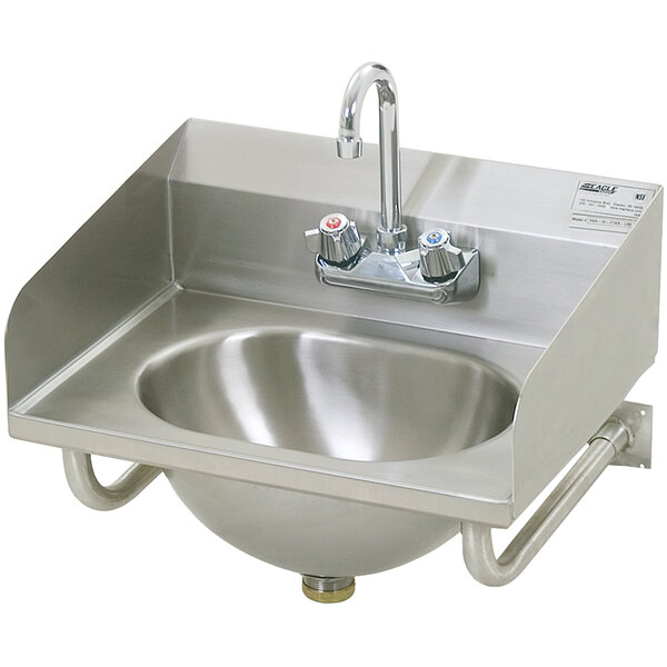 A stainless steel Eagle Group hand sink with a gooseneck faucet and side splashes.