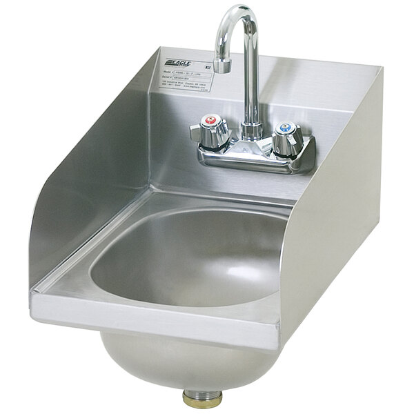 A stainless steel Eagle Group hand sink with a gooseneck faucet and basket drain.