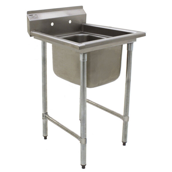 An Eagle Group stainless steel one compartment sink without drainboard on a stand.