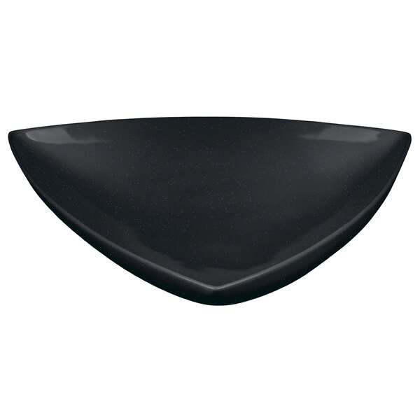 A black triangle shaped Tablecraft display bowl with a curved edge.