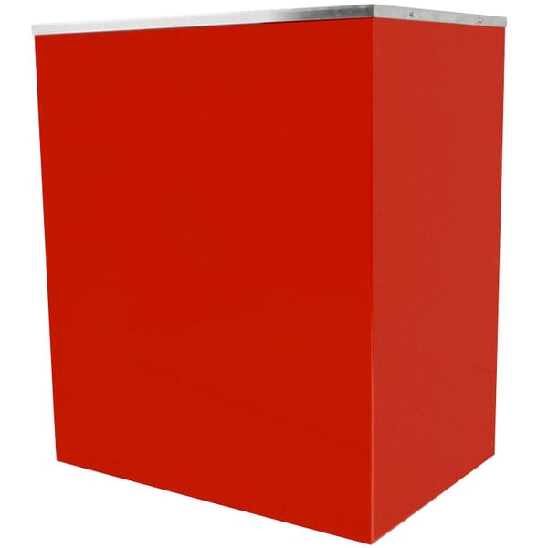 A red box with a white top and silver accents.