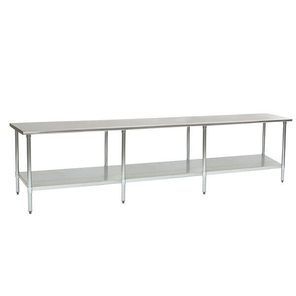 A long metal table with shelves, Eagle Group stainless steel work table.