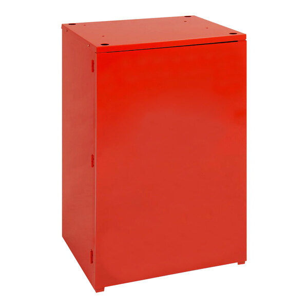 A red metal box with a white background.