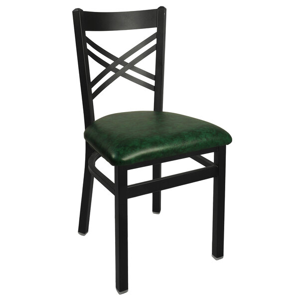 A black metal BFM Seating Akrin restaurant chair with a green vinyl seat.
