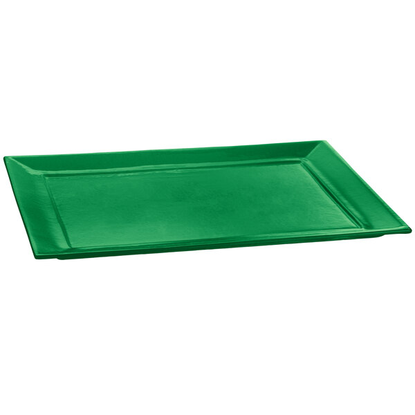 A green rectangular Tablecraft cast aluminum tray.