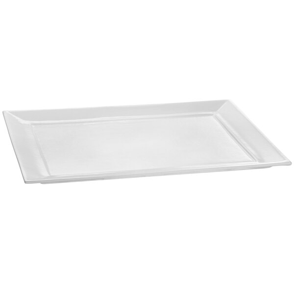 A white rectangular Tablecraft cast aluminum platter.