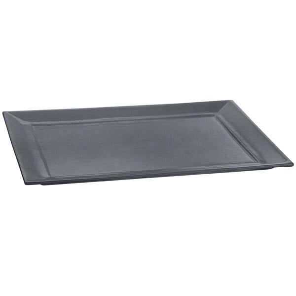 A Tablecraft granite cast aluminum rectangle platter with a black finish.