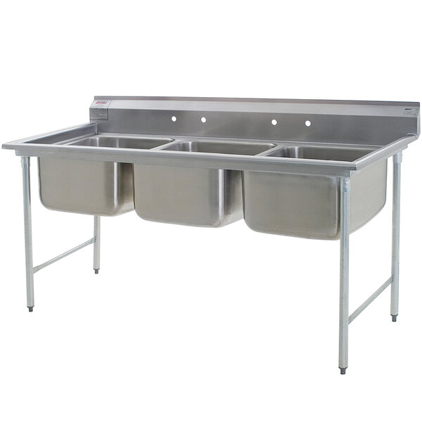 A stainless steel Eagle Group 3 compartment sink on a counter.