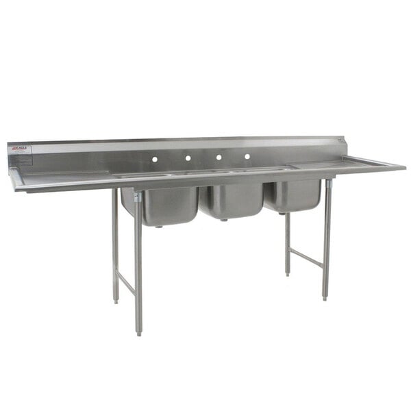 A stainless steel Eagle Group commercial 3 compartment sink with two drainboards.