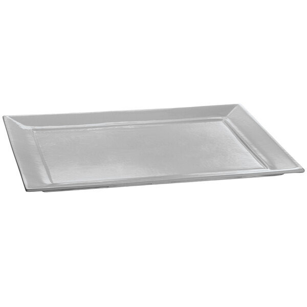 A gray rectangular cast aluminum platter with a rectangle edge.