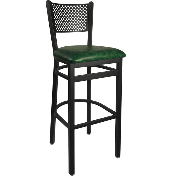 A black BFM Seating bar stool with a green vinyl seat.