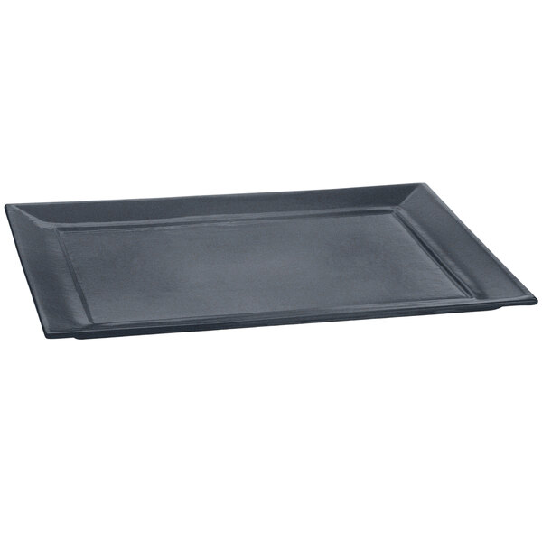 A Tablecraft black rectangular cast aluminum platter with blue speckles.