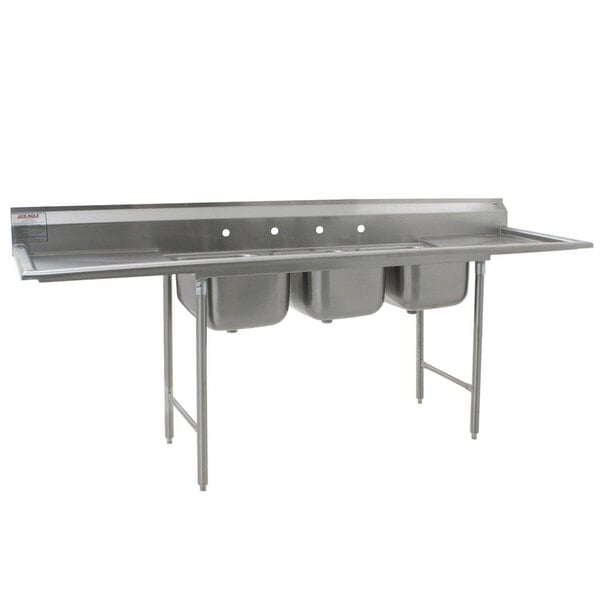 A stainless steel Eagle Group 3 compartment sink with two 18" drainboards.
