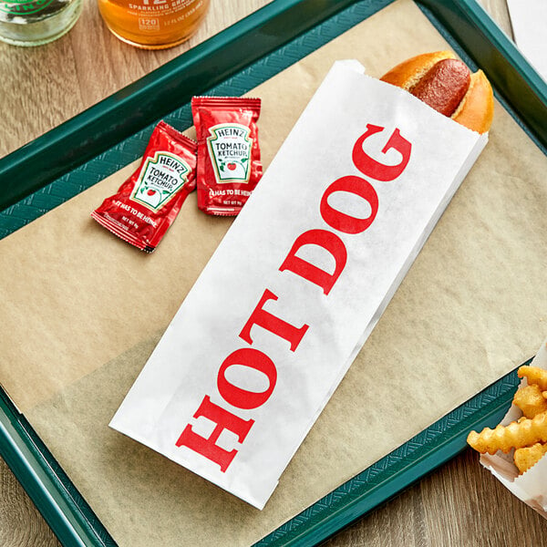 A hot dog in a Carnival King printed paper bag on a tray with fries.