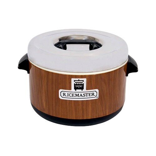 A Town sushi rice container with a woodgrain finish and a white sticker with black text.