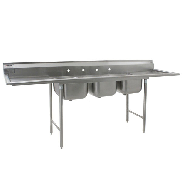 A stainless steel Eagle Group commercial 3 compartment sink with two 24" drainboards.