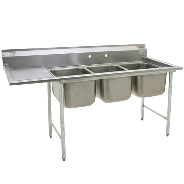 A stainless steel Eagle Group 3 compartment sink with a left drainboard.