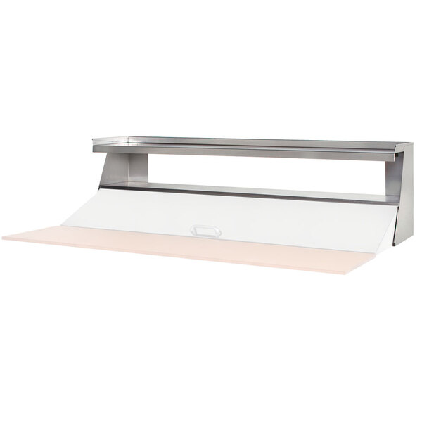 A metal shelf with a white cover over a white Beverage-Air rectangular shelf.