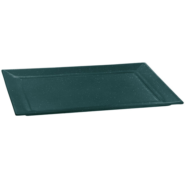 A hunter green rectangular platter with a white speckled surface and black border.