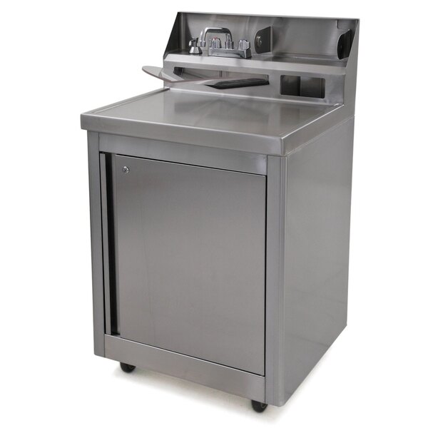 A stainless steel Eagle Group portable sink with a door on the counter.