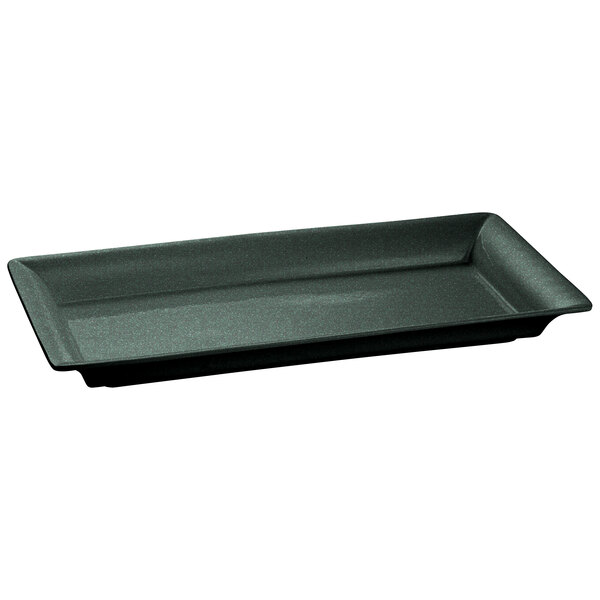 A black rectangular Tablecraft cast aluminum tray with a green speckled bottom.