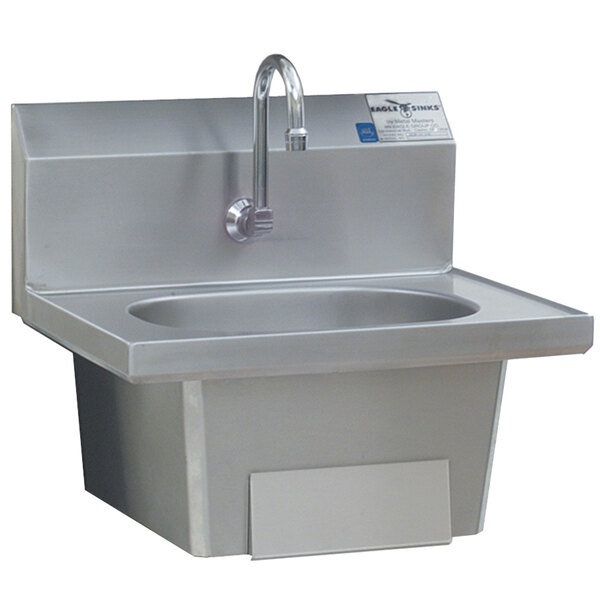 An Eagle Group stainless steel wall mount hand sink with a faucet and knee pedal drain.