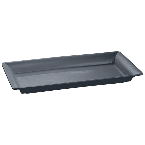 A grey rectangular Tablecraft cast aluminum platter with a black bottom and curved edges.