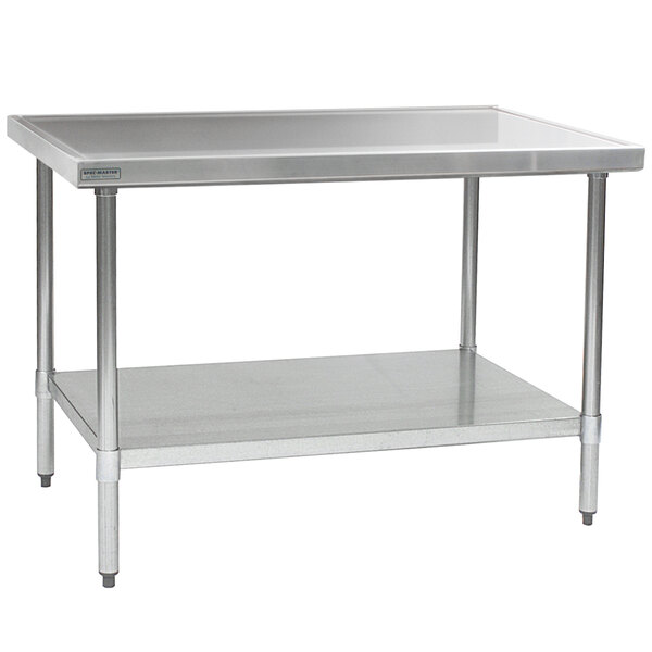 A Eagle Group stainless steel work table with galvanized undershelf.