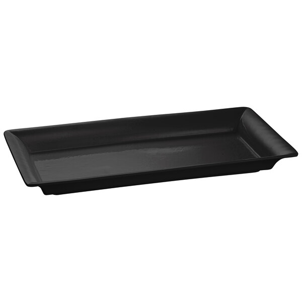 A black rectangular Tablecraft cast aluminum platter with handles.