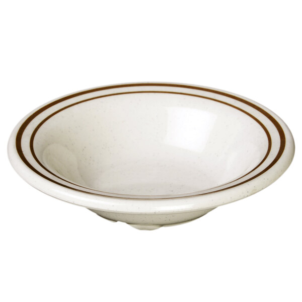 A white melamine bowl with brown stripes.