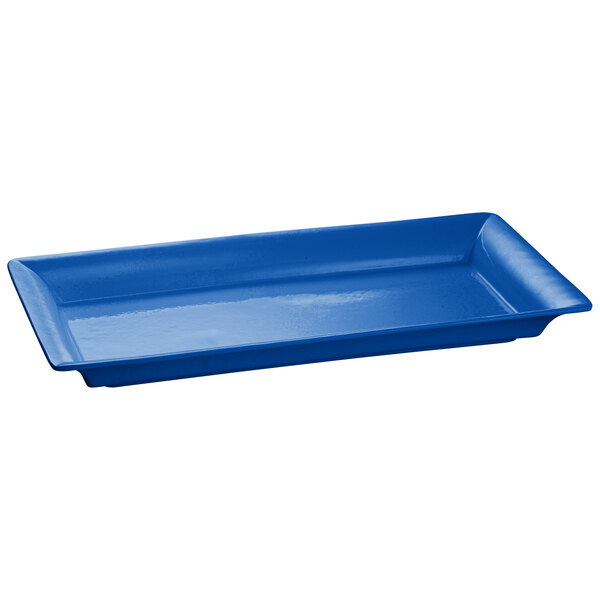 A blue Tablecraft rectangular cast aluminum tray with a handle.