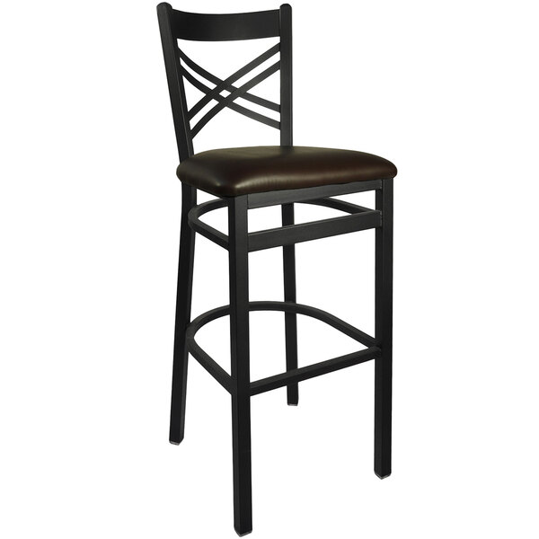 A black metal BFM Seating barstool with a dark brown cushion.