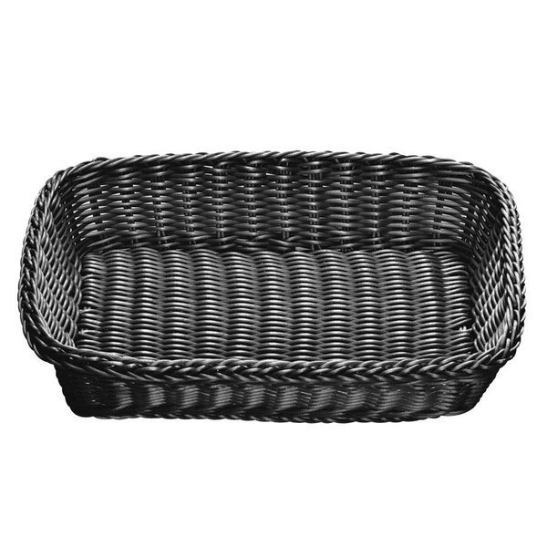 A black Tablecraft rectangular rattan basket with handles.