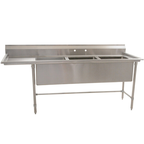 A stainless steel Eagle Group three compartment sink with a left side drainboard.