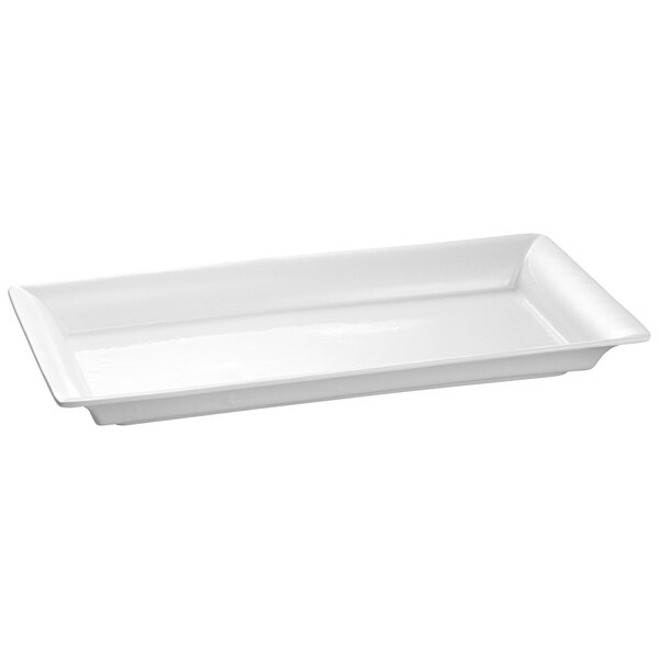 A white rectangular Tablecraft cast aluminum platter with a handle.