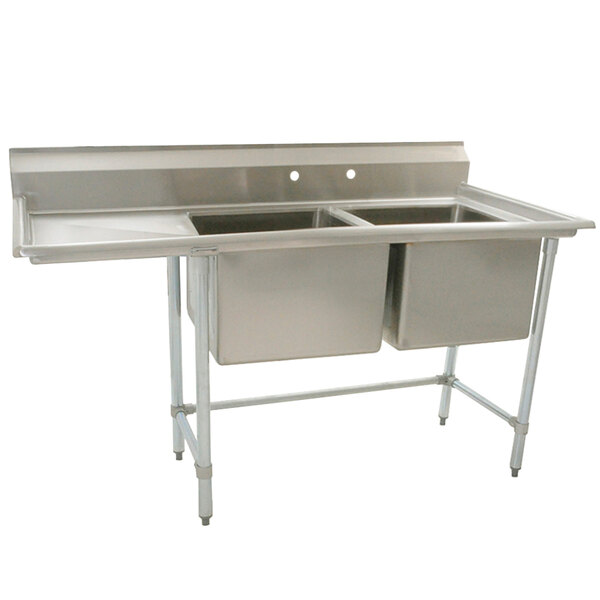 An Eagle Group stainless steel 2 compartment sink with two 20" x 20" bowls and a left drainboard.