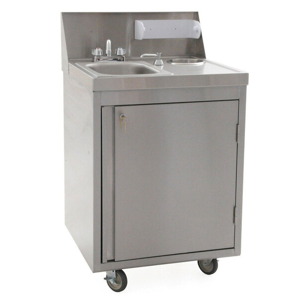 An Eagle Group stainless steel portable sink with a cabinet.