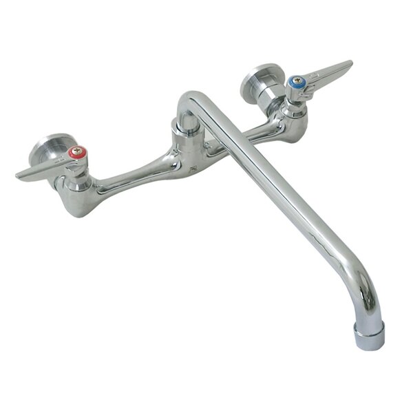 A chrome Eagle Group wall-mount faucet with two handles and two faucets.