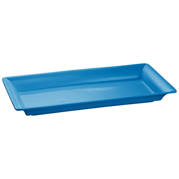 A blue rectangular Tablecraft tray with a handle.