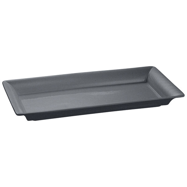A grey rectangular Tablecraft cast aluminum platter with a black bottom.