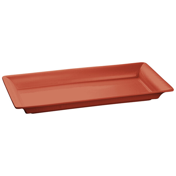 A Tablecraft copper cast aluminum rectangular serving platter on a counter.