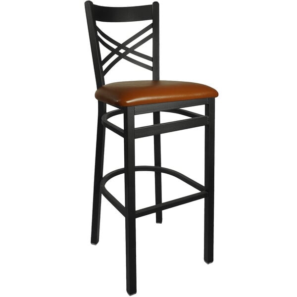 A black metal BFM Seating bar stool with a light brown padded seat.