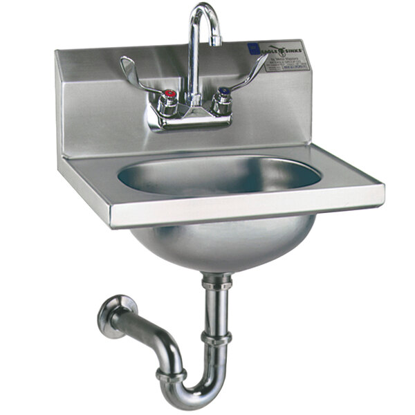 A close-up of a stainless steel Eagle Group hand sink with a gooseneck faucet.