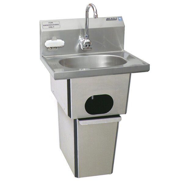 A stainless steel Eagle Group hand sink with a gooseneck faucet and a basket drain.