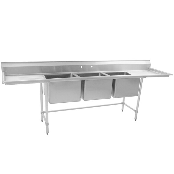 A stainless steel Eagle Group three compartment sink with two 18" drainboards.